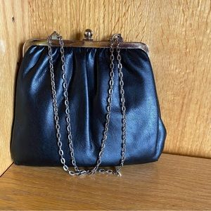Vintage Black Leather Clutch. Metal chain handles. Single knob silver hardware.